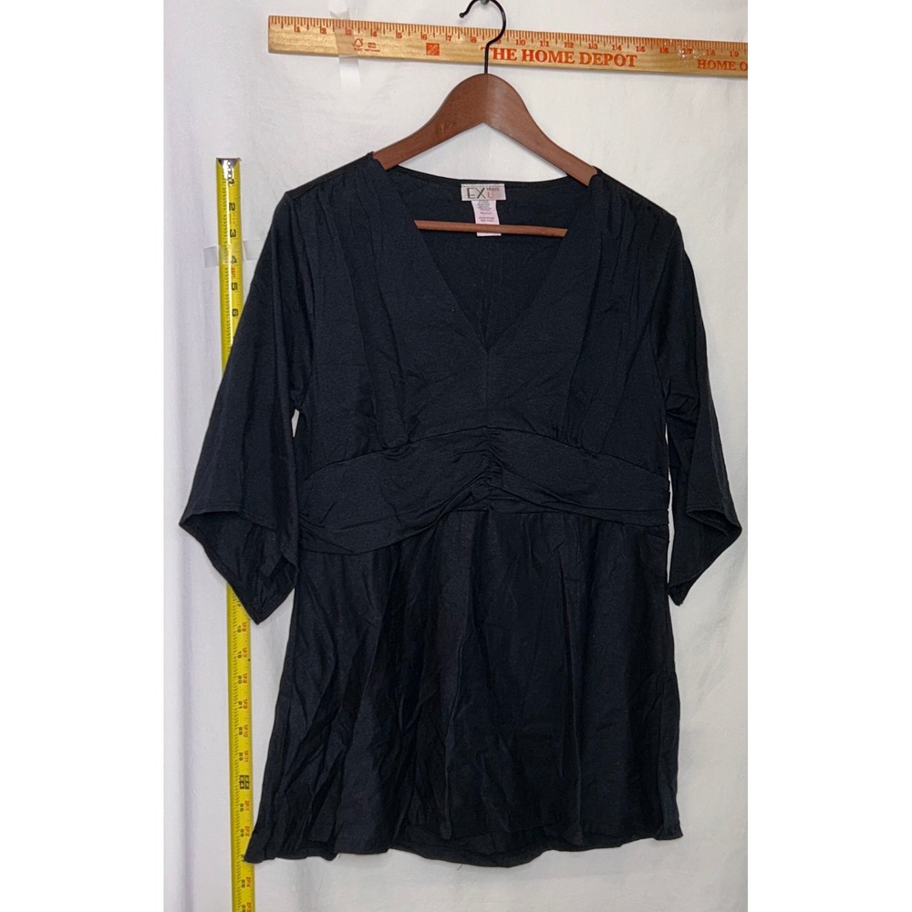 EX U Press 3/4 Sleeve Gathered V Neck Tunic Top Plus Size 1X
